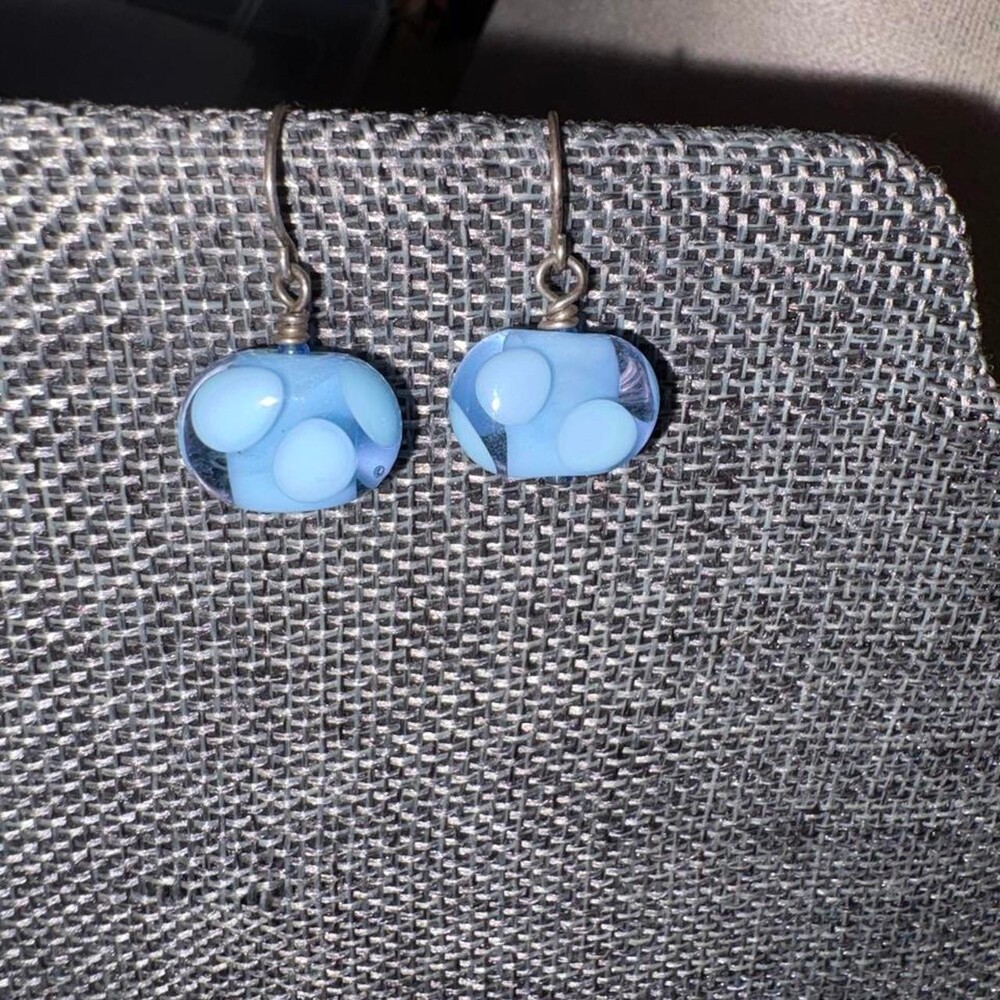 Blue bubble glass earrings with white bubble-like shapes #glass #bubbles